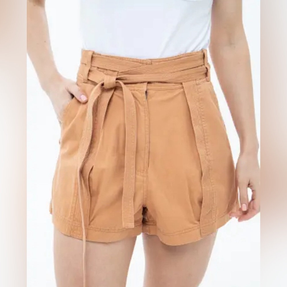 Ulla Johnson Gavin Belted Shorts Camel Tan Size 10 Utilitarian Khaki Twill Pleat